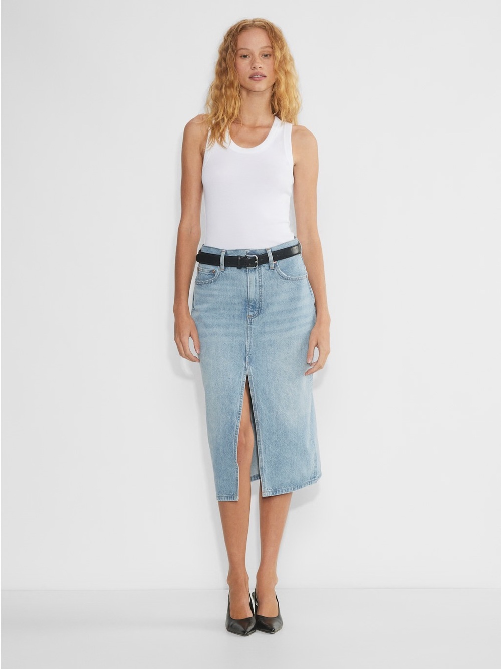 Denim forum light wash denim midi skirt - the denim forum 90s Halle Skirt